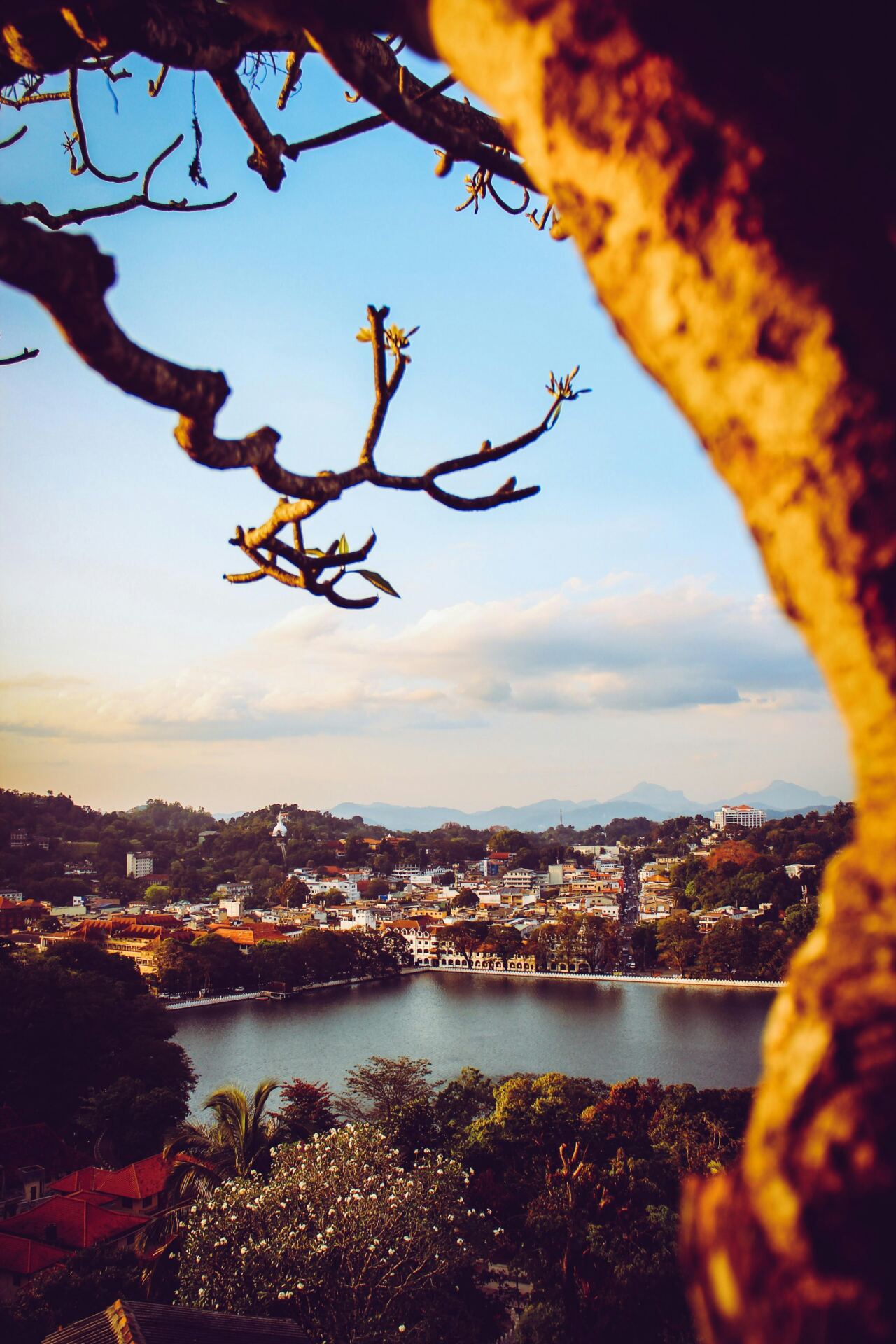 Panoramic view across Kandy’s lake and green hills