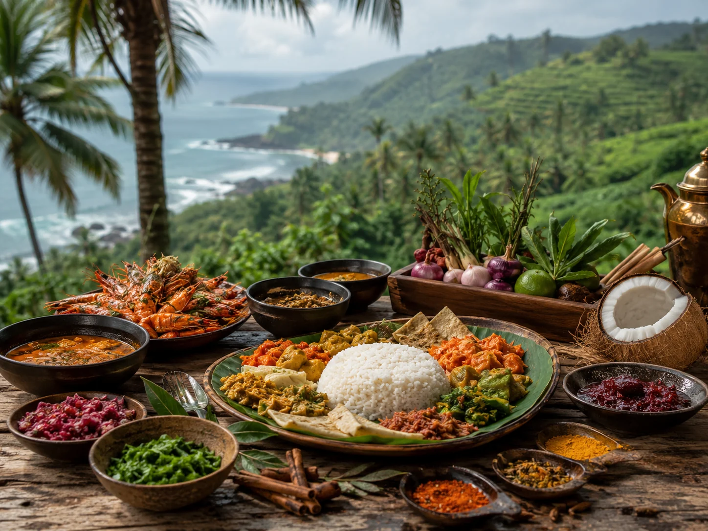 A Sri Lankan culinary spread with spices, curries and coastal scenery